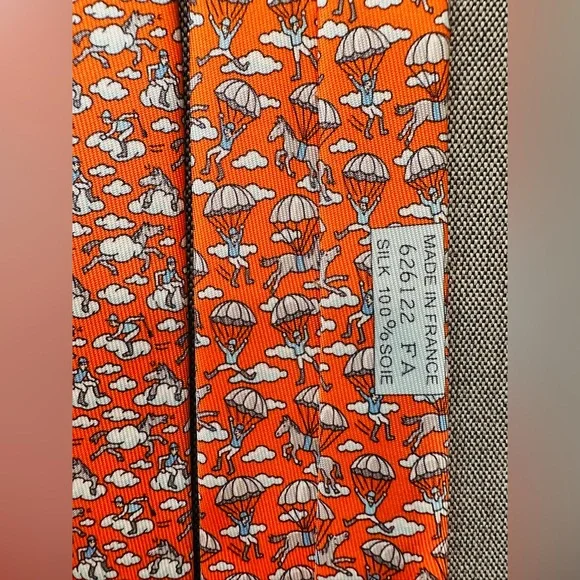 NEW Authentic Hermès Orange Paris Silk Tie Jockey Horse Clouds Print - Picture 6 of 12